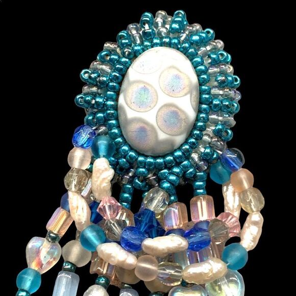 Blue pink ab iridescent festoon chandelier hand beaded large pierced earrings - Picture 6 of 12